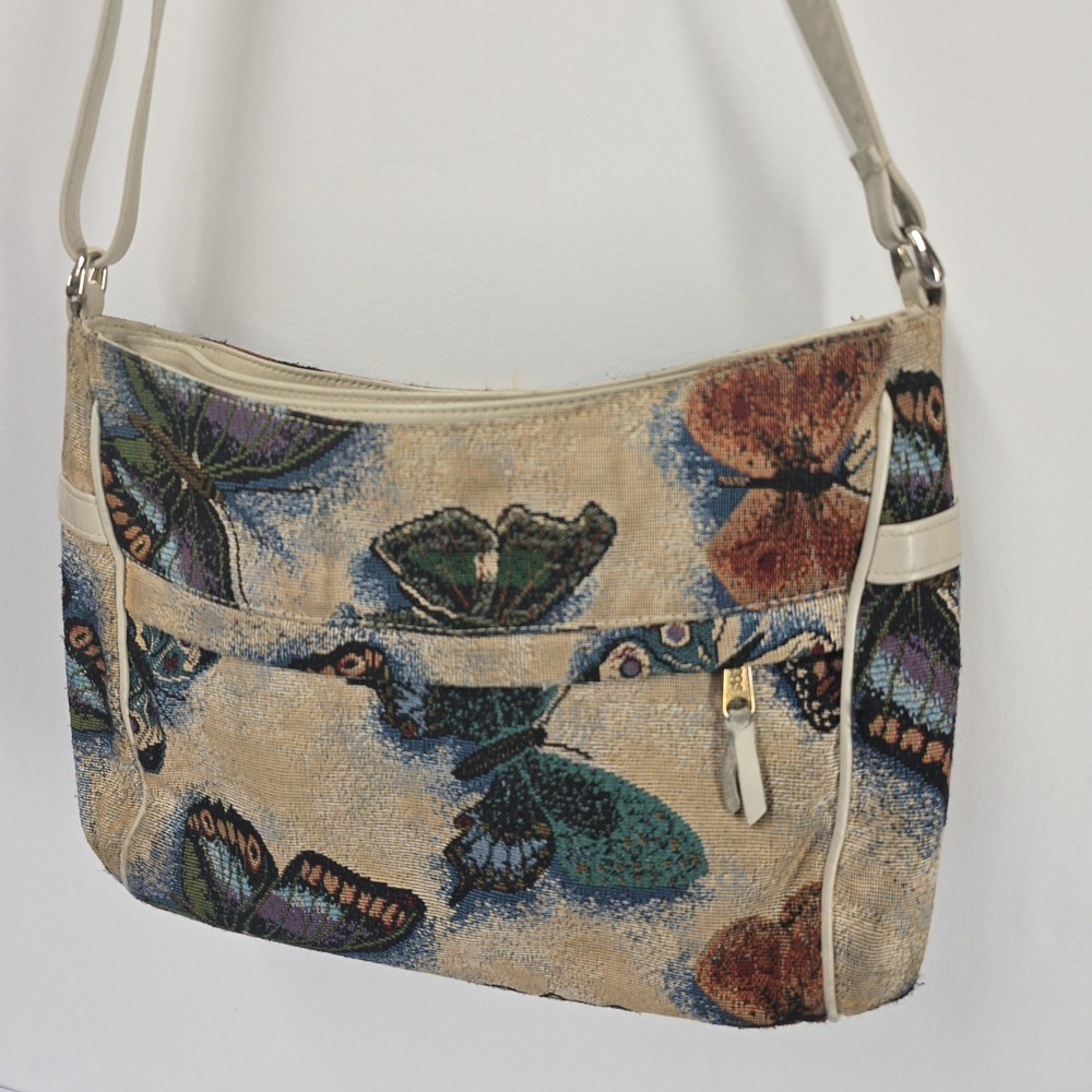 SAS Tapestry Butterfly Shoulder Bag Beige Cream‎ Leather Trim Adjustable Strap